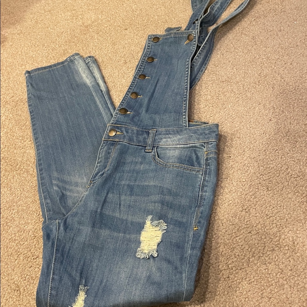 EUC Forever 21 Life in Progress Blue distressed stretch denim Overalls Size 27
